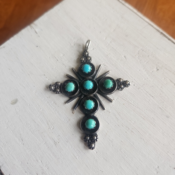 Turquoise and Silver Cross - Picture 1 of 2